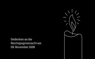 schwarzes Bild mit Kerze und Schriftzug, Gedenken an die Reichspogromnacht am 09. November 1938